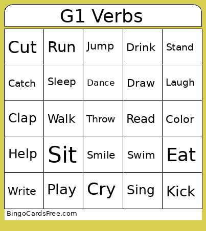 Grade 1 English - Verbs Bingo Card