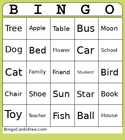 Grade 1 - Nouns Bingo Card