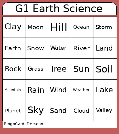 Grade 1 Science - Earth Science Bingo Card