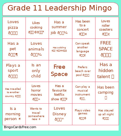 Grade 11 Leadership MIngo Bingo Card