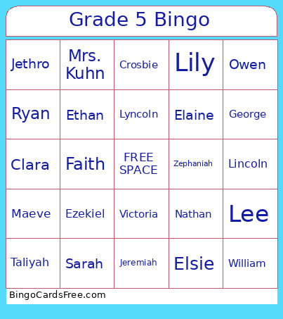 Grade 5 Bingo Card