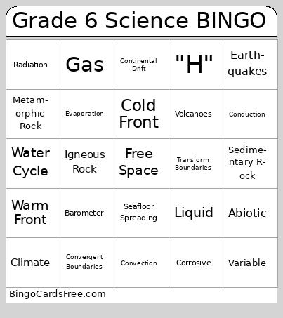 Grade 6 Science BINGO