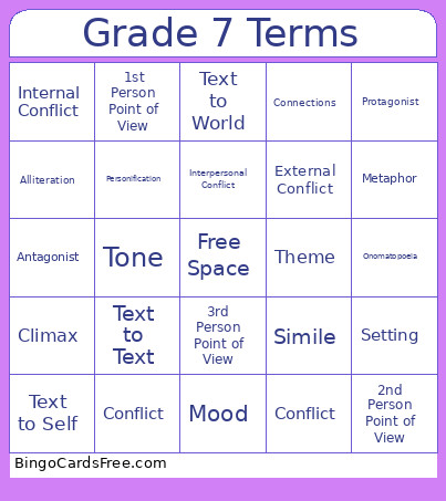 Grade 7 Terms Bingo Card