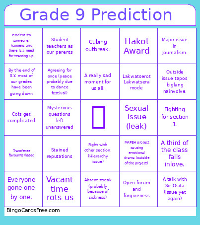 Grade 9 Prediction Bingo Card