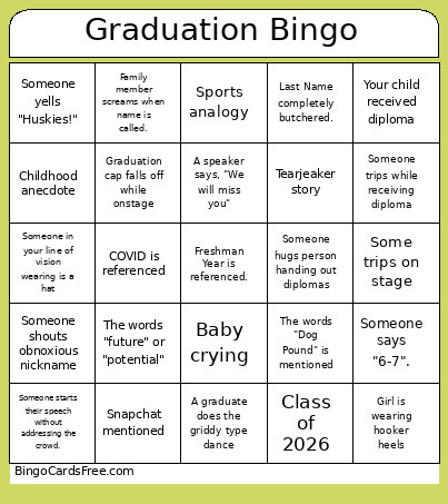 Graduation Bingo Card