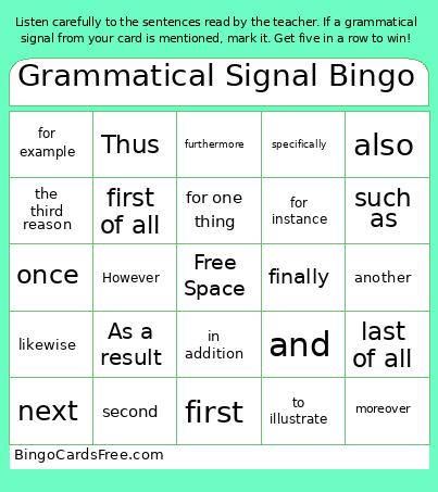 Grammatical Signal Bingo Cards Free Pdf Printable Game, Title: Grammatical Signal Bingo