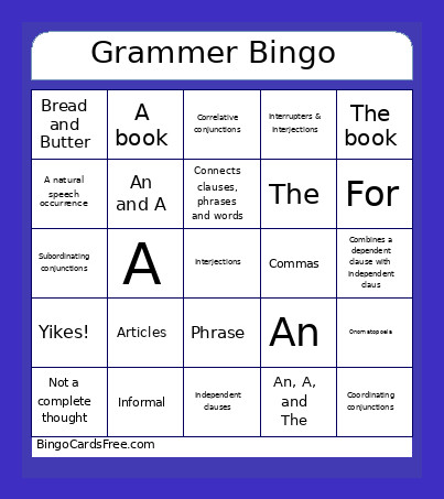 Grammer Bingo Card 2