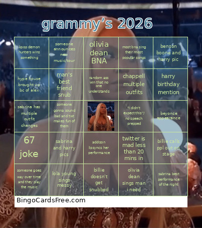 Grammy’s 2026 Bingo Card