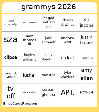 Grammys 2026 Bingo Card
