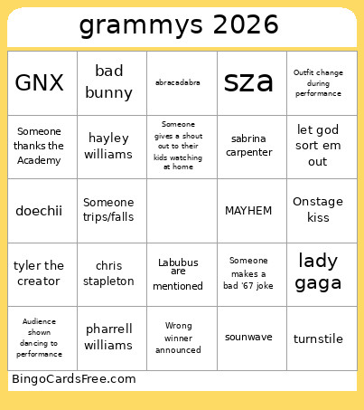 Grammys 2026 Bingo Card