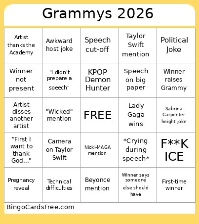 Grammys Bingo Card