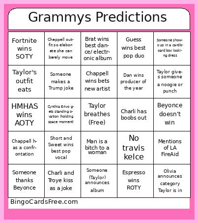 Grammys Predictions Bingo Cards Free Pdf Printable Game, Title: Grammys Predictions