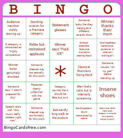 GRAMMYs Premiere Ceremony Bingo Card