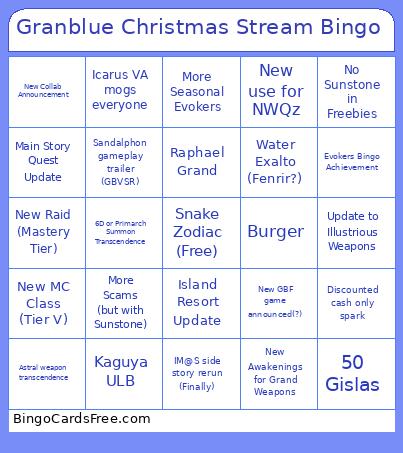 Granblue Christmas Stream Bingo Card
