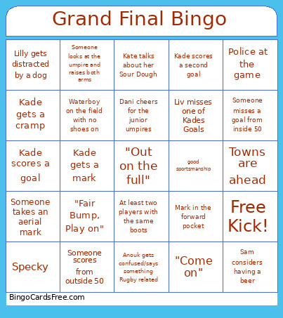 Grand Final Bingo Card