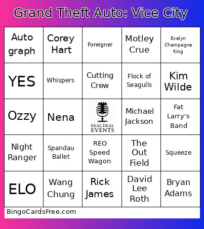 Grand Theft Auto: Vice City Bingo Card