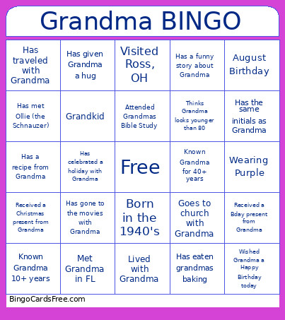 Grandma Bingo Card