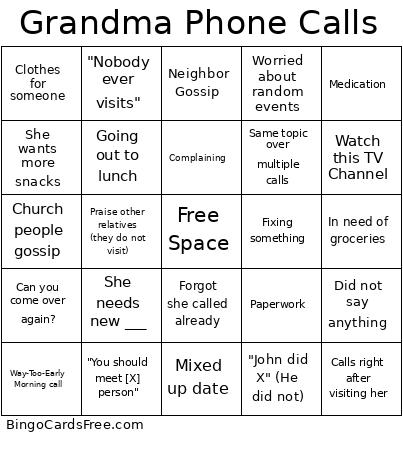 Grandma Phone Calls Bingo Card