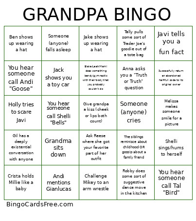 Grandpa Bingo Card