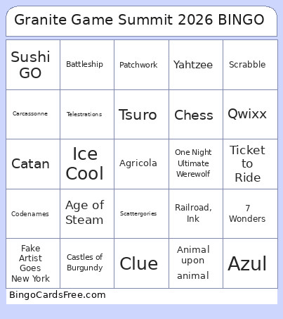 Granite Game Summit 2026 Bingo Card