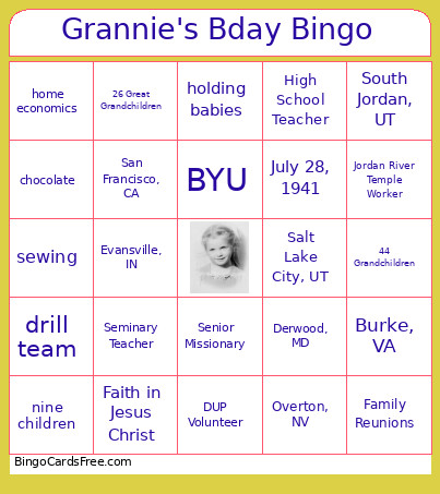 Grannie's Bday Bingo Card
