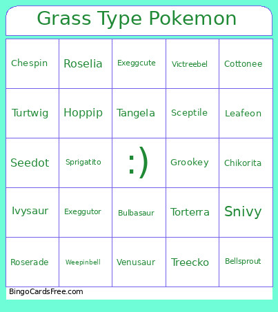 Grass Type Pokemon Bingo Card