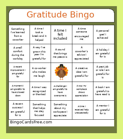 Gratitude Bingo Card