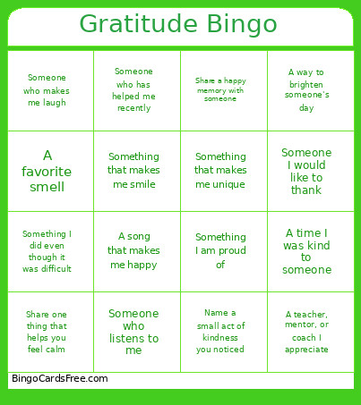 Gratitude Bingo Card