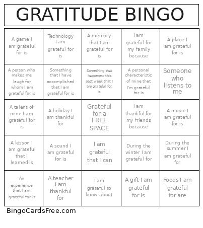 Gratitude Bingo Card