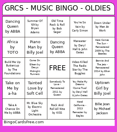GRCS - MUSIC - OLDIES Bingo Card