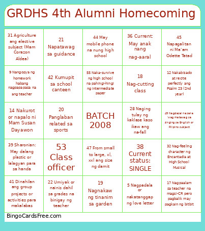 GRDHS 4th Alumni Homecoming Bingo Card
