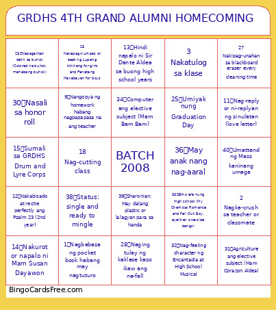 GRDHS 4TH GRAND ALUMNI HOMECOMING Bingo Card