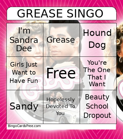 Grease Singo Bingo Card