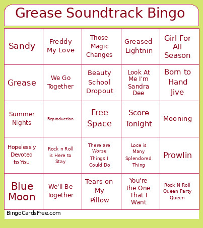 Grease Soundtrack Bingo Card
