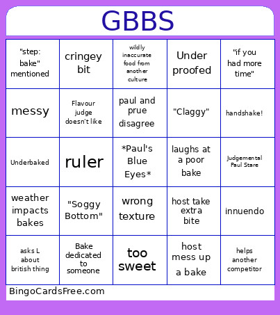 Great British Baking Show Bingo Card