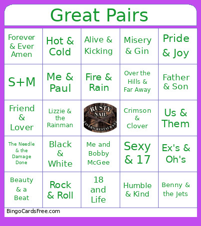 Great Pairs Bingo Card