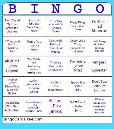 Greatest Love Songs Bingo Card