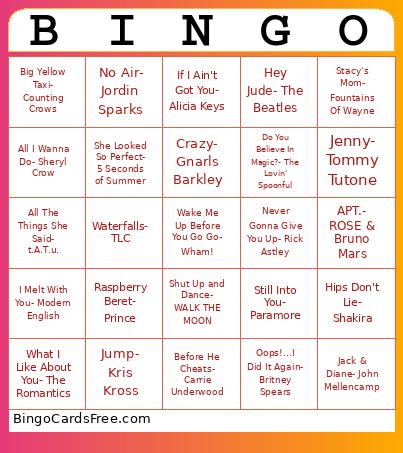 Greatest Pop Songs Bingo