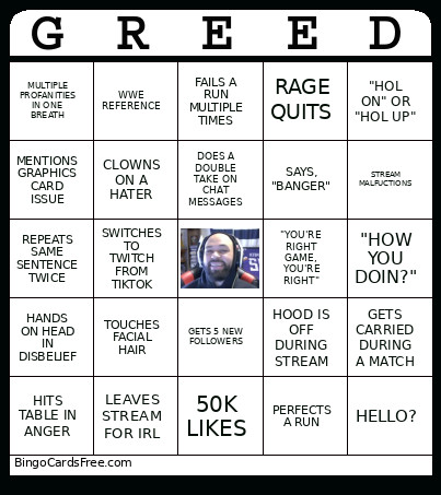 GREED Bingo Card