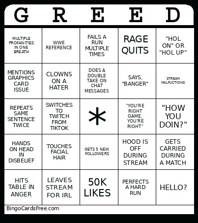 GREED Bingo Card