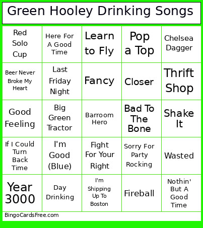 Green Hooley Drinking Songs Bingo Card