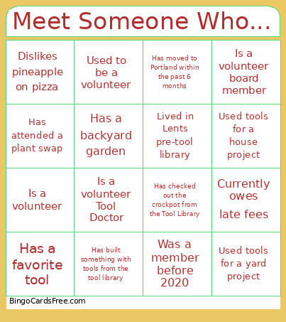 Green Lents Tool Library Summer Pizza Party Bingo Card