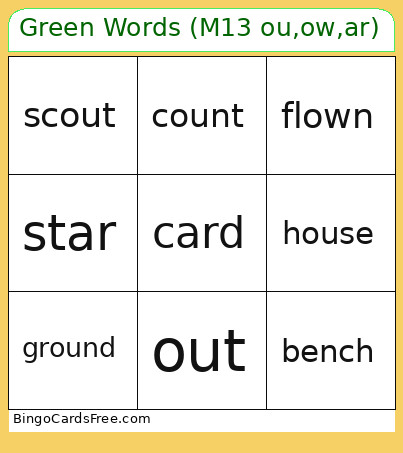 Green Words (M13 Ou,ow,ar) Bingo Card
