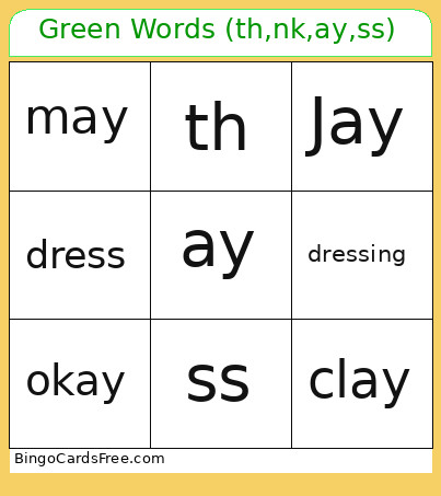 Green Words (th,nk,ay,ss) Bingo Card