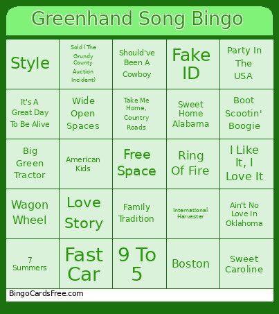 Greenhand Song Bingo Card
