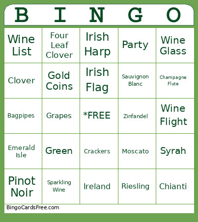 Greens Go Green Wine Bingo Card