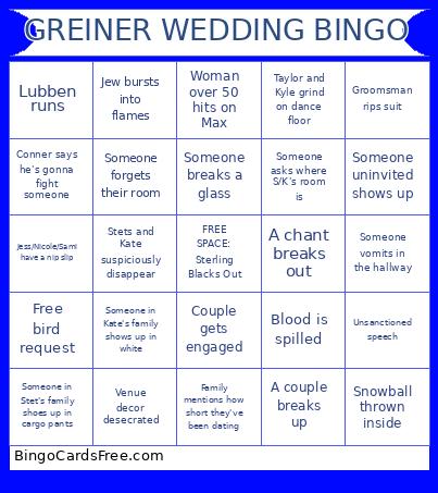 GREINER WEDDING Bingo Card