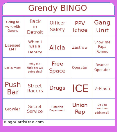 Grendy Bingo Card