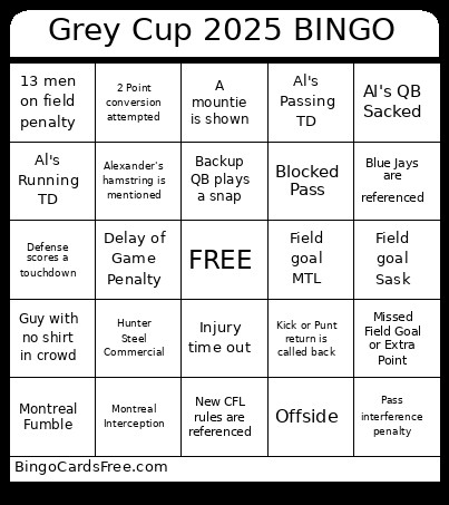 Grey Cup 2025 Bingo Card