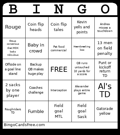 Grey Cup Bingo Card